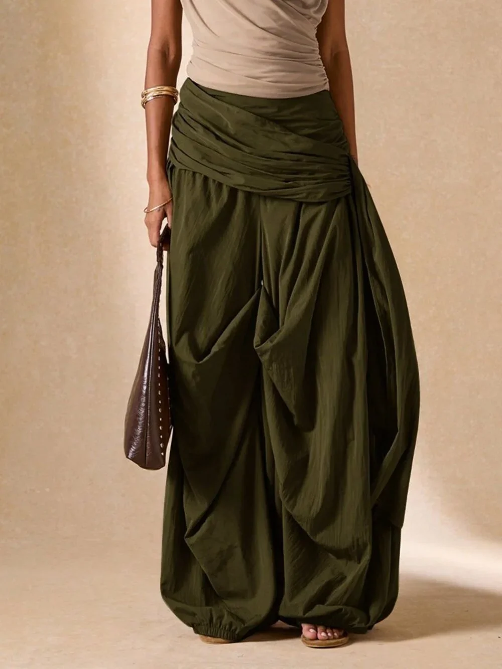 Army Green Boho Women's Pleated Wide-Leg Pants